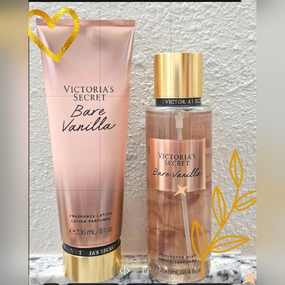 2 pcs SET VICTORIA'S SECRET BARE VANILLA,FRAGRANCE BODY LOTION  & MIST SPRAY New